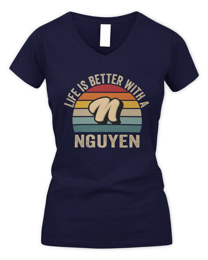 Life Is Better with Name Vintage Sun Shirt NGUYEN M1-50 / Women's V-Neck T-Shirt / navy