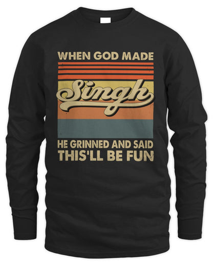 When God Made Your Name He Grinned Vintage T-Shirt SINGH M1-55 / Men's Long Sleeved T-Shirt / black
