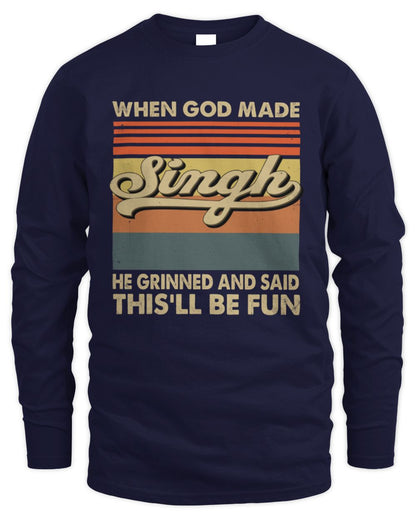When God Made Your Name He Grinned Vintage T-Shirt SINGH M1-55 / Men's Long Sleeved T-Shirt / navy