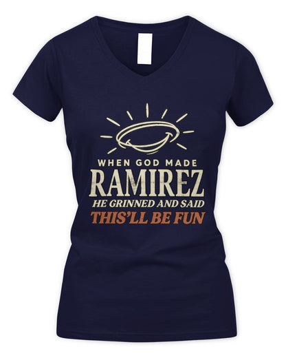 When God Made Your Name Funny Western T-Shirt T-Shirt RAMIREZ M1-S82 / Women's V-Neck T-Shirt / navy