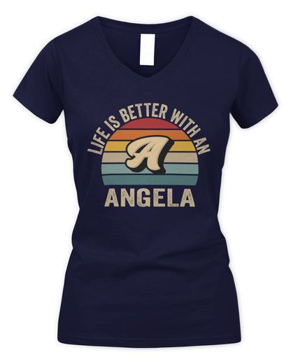 Life Is Better with Name Vintage Sun Shirt ANGELA M1-50 / Women's V-Neck T-Shirt / navy