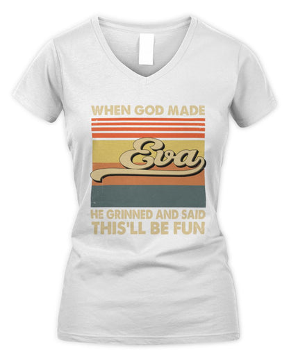 When God Made Your Name He Grinned Vintage T-Shirt EVA M1-55 / Women's V-Neck T-Shirt / white