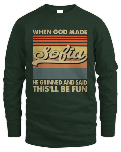 When God Made Your Name He Grinned Vintage T-Shirt SOFIA M1-55 / Men's Long Sleeved T-Shirt / forest green