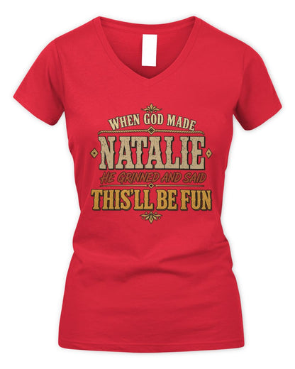 When God Made Your Name Funny Western T-Shirt NATALIE M1-81 / Women's V-Neck T-Shirt / red