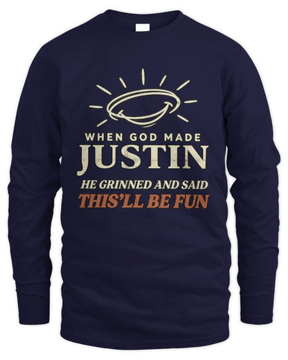 When God Made Your Name Funny Western T-Shirt T-Shirt JUSTIN M1-S82 / Men's Long Sleeved T-Shirt / navy