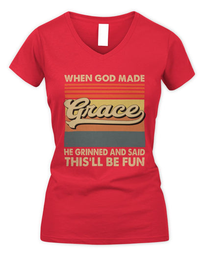 When God Made Your Name He Grinned Vintage T-Shirt GRACE M1-55 / Women's V-Neck T-Shirt / red