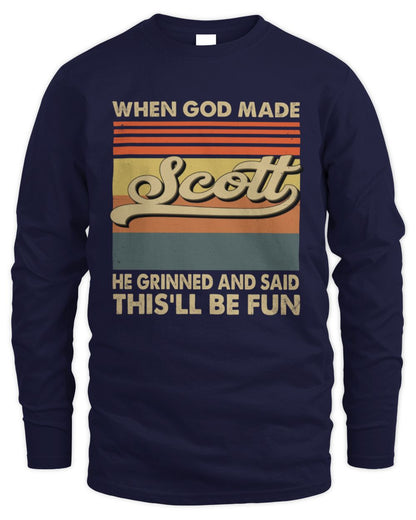 When God Made Your Name He Grinned Vintage T-Shirt SCOTT M1-55 / Men's Long Sleeved T-Shirt / navy