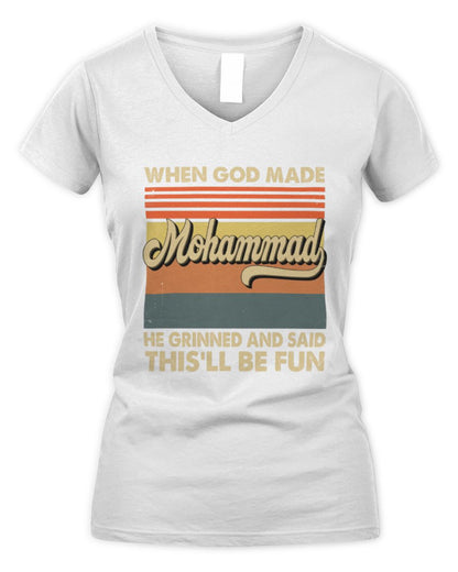 When God Made Your Name He Grinned Vintage T-Shirt MOHAMMAD M1-55 / Women's V-Neck T-Shirt / white