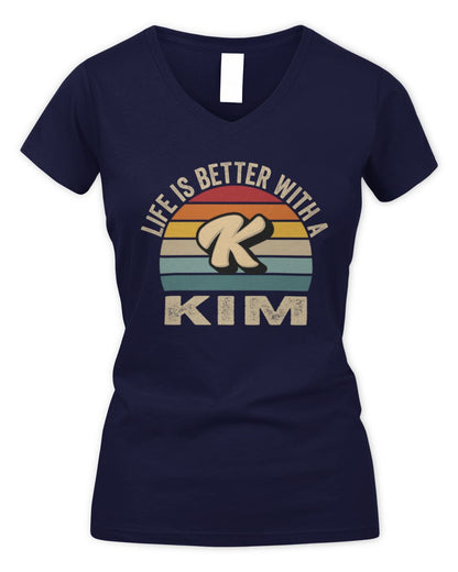 Life Is Better with Name Vintage Sun Shirt KIM M1-50 / Women's V-Neck T-Shirt / navy