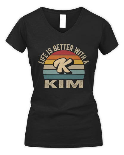 Life Is Better with Name Vintage Sun Shirt KIM M1-50 / Women's V-Neck T-Shirt / black