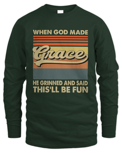 When God Made Your Name He Grinned Vintage T-Shirt GRACE M1-55 / Men's Long Sleeved T-Shirt / forest green