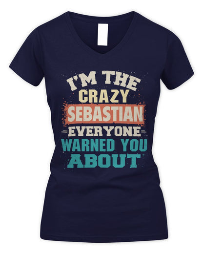 I'm the Crazy One Everyone Warned You About Retro Graphic T-Shirt SEBASTIAN M1-70 / Women's V-Neck T-Shirt / navy