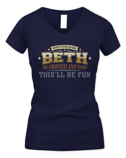 When God Made Your Name Funny Heritage T-Shirt BETH M1-80 / Women's V-Neck T-Shirt / navy