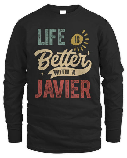 Life Is Better With a Name Personalized Retro T-Shirt JAVIER-48 / Men's Long Sleeved T-Shirt / black