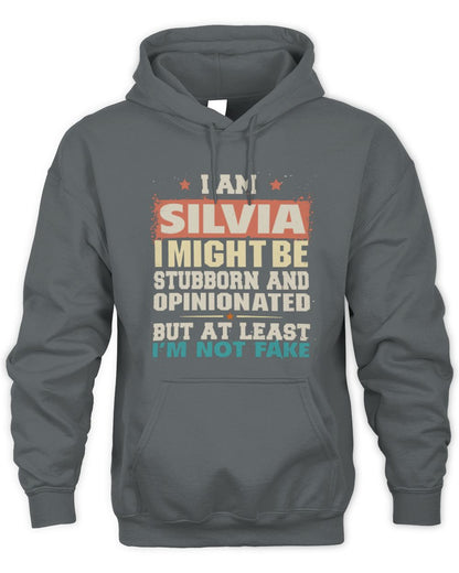 I Am Name I Might Be Stubborn and Opinionated Graphic T-Shirt SILVIA M1-72 / Unisex Hoodie / charcoal