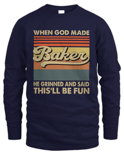 When God Made Your Name He Grinned Vintage T-Shirt BAKER M1-55 / Men's Long Sleeved T-Shirt / navy