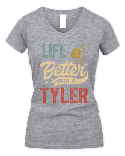 Life Is Better With a Name Personalized Retro T-Shirt TYLER-48 / Women's V-Neck T-Shirt / sport grey