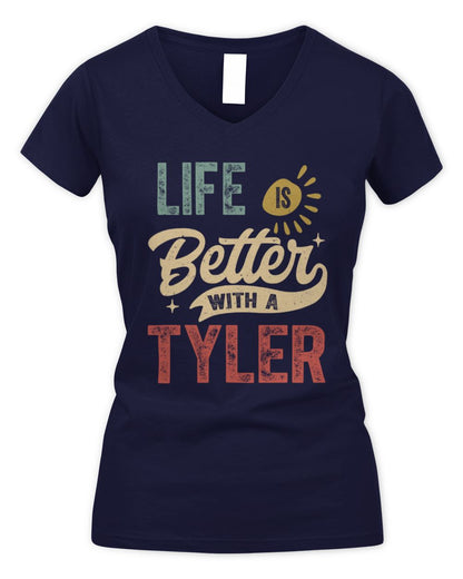 Life Is Better With a Name Personalized Retro T-Shirt TYLER-48 / Women's V-Neck T-Shirt / navy
