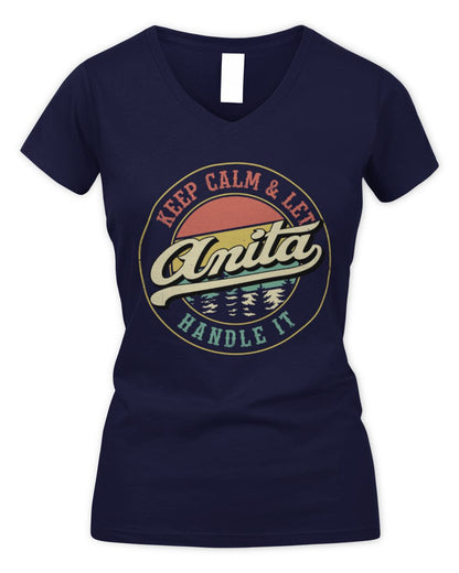 Keep Calm Let Your Name Handle It Retro T-Shirt ANITA M1-54 / Women's V-Neck T-Shirt / navy