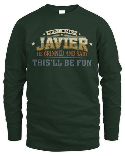 When God Made Your Name Funny Heritage T-Shirt JAVIER M1-80 / Men's Long Sleeved T-Shirt / forest green