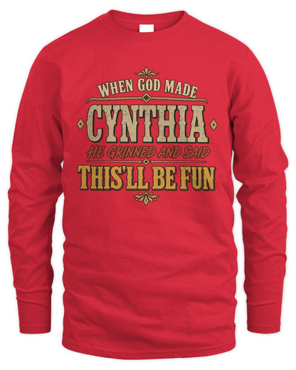 When God Made Your Name Funny Western T-Shirt CYNTHIA M1-81 / Men's Long Sleeved T-Shirt / red