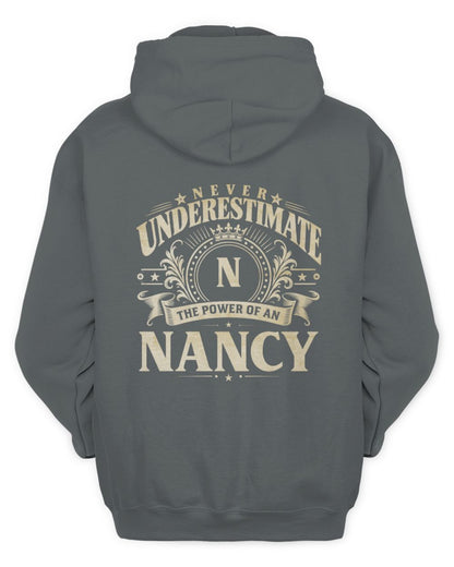 Never Underestimate Your Name Luxury Logo Shirt NANCY M1-63 / Unisex Hoodie / charcoal