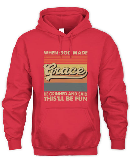 When God Made Your Name He Grinned Vintage T-Shirt GRACE M1-55 / Unisex Hoodie / red