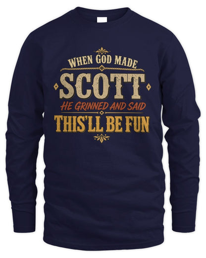 When God Made Your Name Funny Western T-Shirt SCOTT M1-81 / Men's Long Sleeved T-Shirt / navy