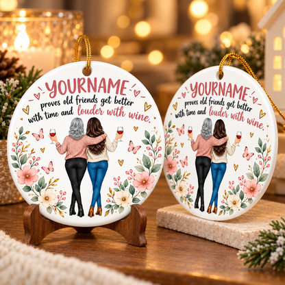Proves Old Friends Get Better With Time And Louder With Wine - Personalized Ceramic Ornament