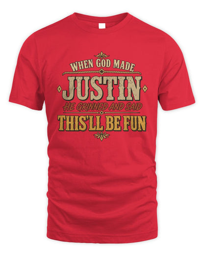 When God Made Your Name Funny Western T-Shirt JUSTIN M1-81 / Unisex Standard T-Shirt / red