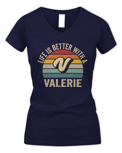 Life Is Better with Name Vintage Sun Shirt VALERIE M1-50 / Women's V-Neck T-Shirt / navy