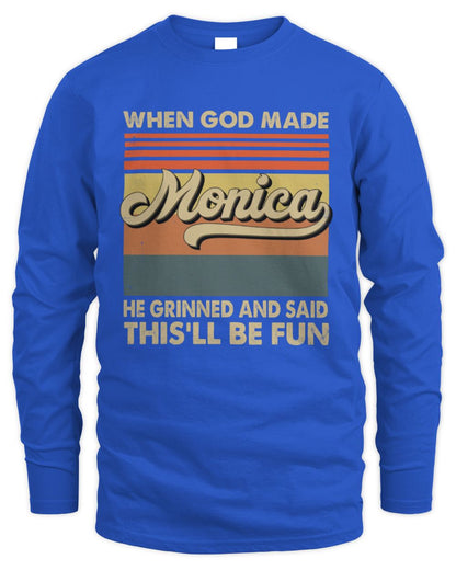 When God Made Your Name He Grinned Vintage T-Shirt MONICA M1-55 / Men's Long Sleeved T-Shirt / royal
