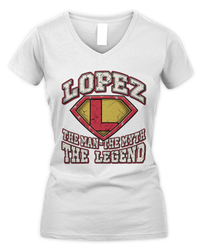 The Man The Myth The Legend Superman Graphic T-Shirt LOPEZ M1-74 / Women's V-Neck T-Shirt / white