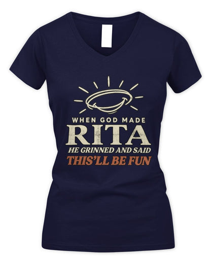 When God Made Your Name Funny Western T-Shirt T-Shirt RITA M1-S82 / Women's V-Neck T-Shirt / navy