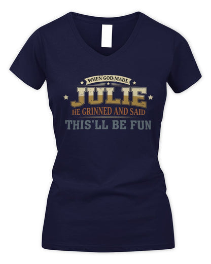 When God Made Your Name Funny Heritage T-Shirt JULIE M1-80 / Women's V-Neck T-Shirt / navy