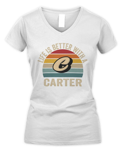 Life Is Better with Name Vintage Sun Shirt CARTER M1-50 / Women's V-Neck T-Shirt / white