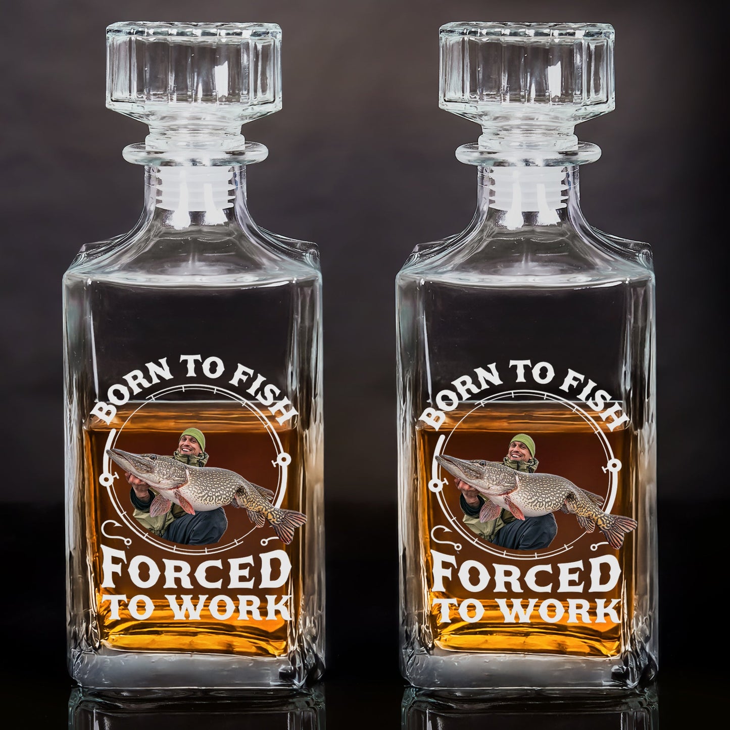 Born To Fish, Forced To Work - Fishing Gifts For Men, Husband, Dad - Custom Photo Decanter