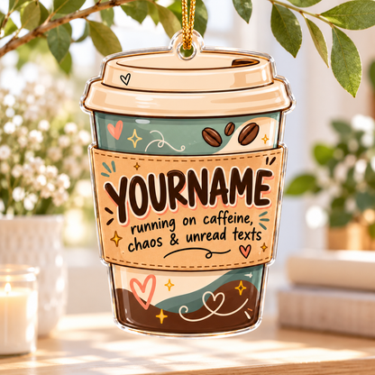Running On Caffeine Chaos & Unread Texts - Personalized Acrylic Ornament