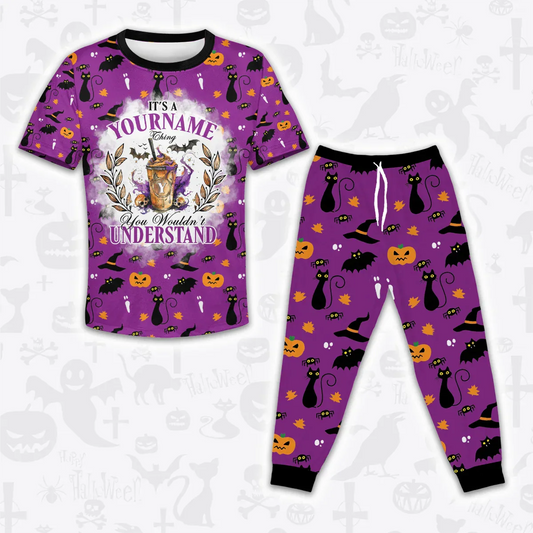 Custom Halloween Pajamas Set Tshirt & Pants Horror Skull Pumpkin HL2