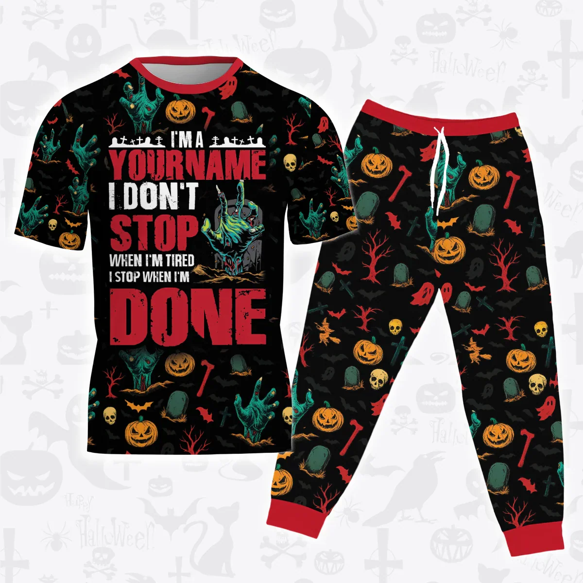 Custom Halloween Pajamas Set Tshirt & Pants Horror Skull Pumpkin HL3