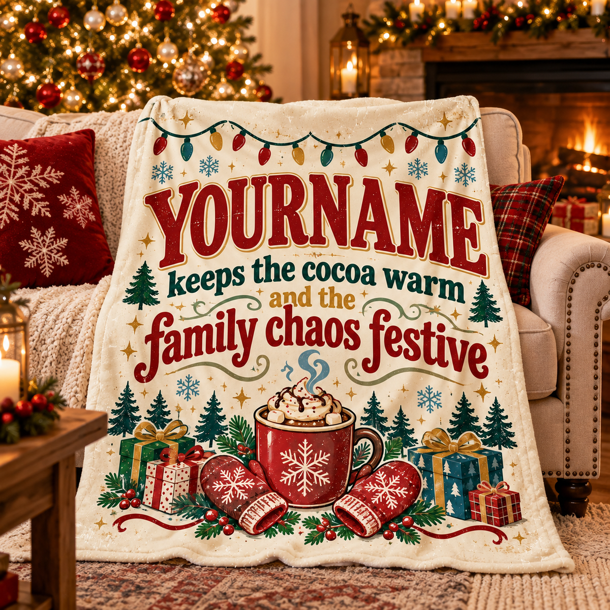Your Name Keeps The Cocoa Warm Family Chaos Festive - Personalized Blanket