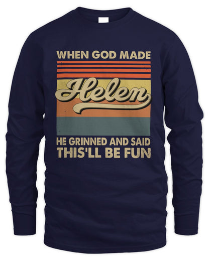 When God Made Your Name He Grinned Vintage T-Shirt HELEN M1-55 / Men's Long Sleeved T-Shirt / navy