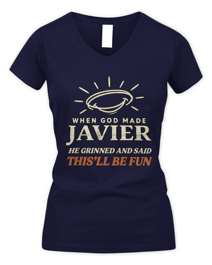 When God Made Your Name Funny Western T-Shirt T-Shirt JAVIER M1-S82 / Women's V-Neck T-Shirt / navy