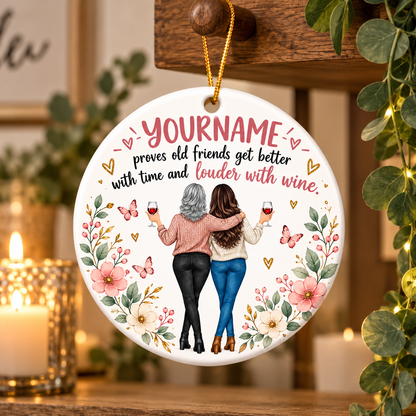 Proves Old Friends Get Better With Time And Louder With Wine - Personalized Ceramic Ornament