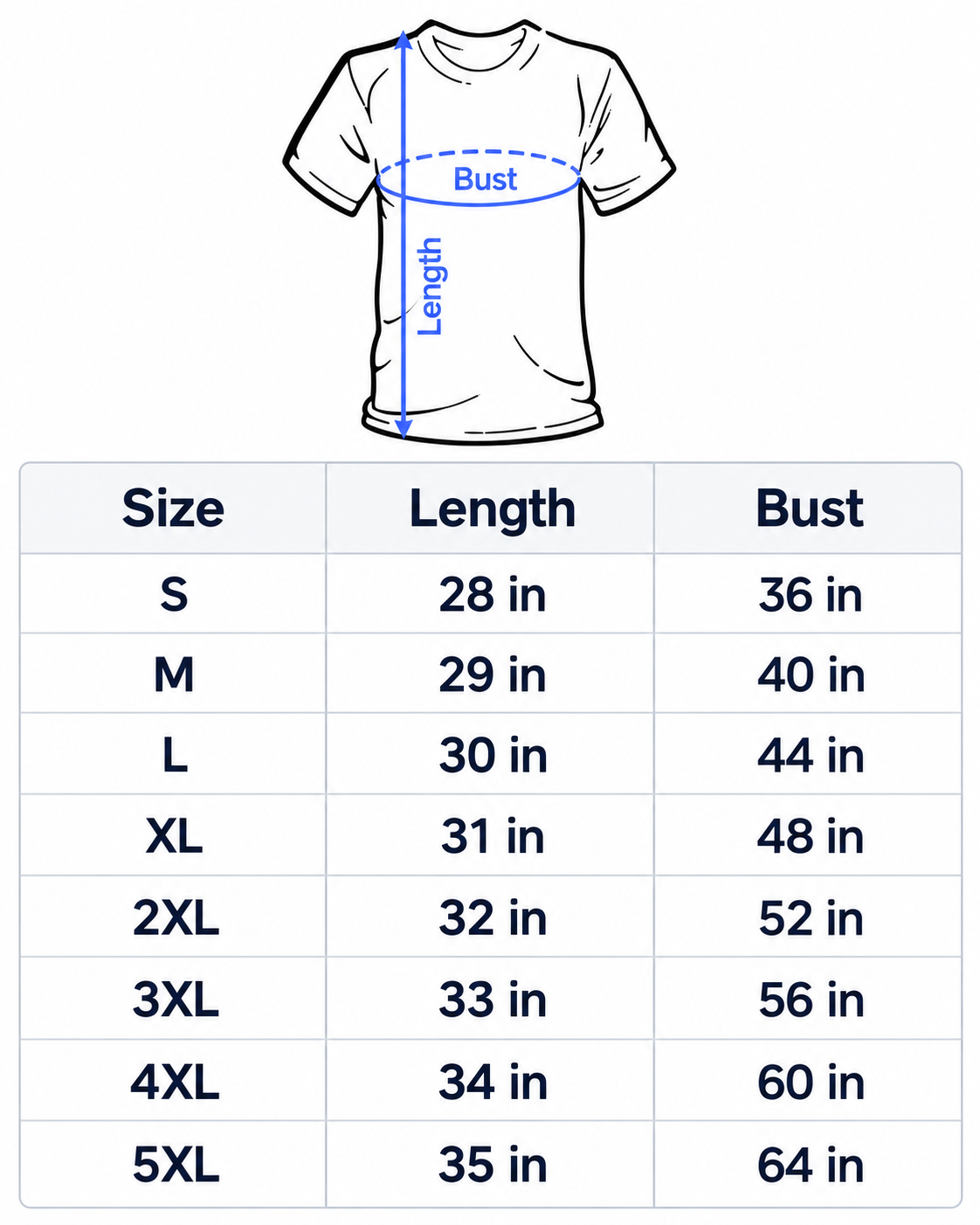 Unisex Standard T-Shirt size chart