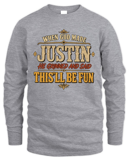 When God Made Your Name Funny Western T-Shirt JUSTIN M1-81 / Men's Long Sleeved T-Shirt / sport grey