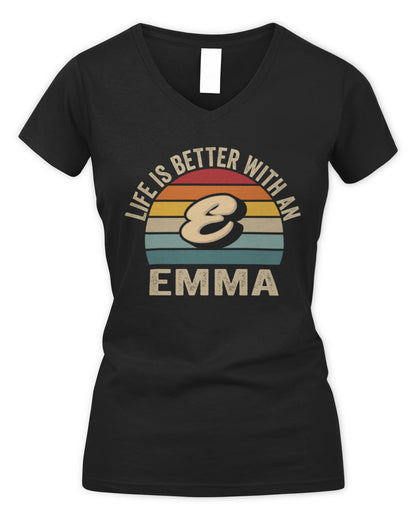 Life Is Better with Name Vintage Sun Shirt EMMA M1-50 / Women's V-Neck T-Shirt / black