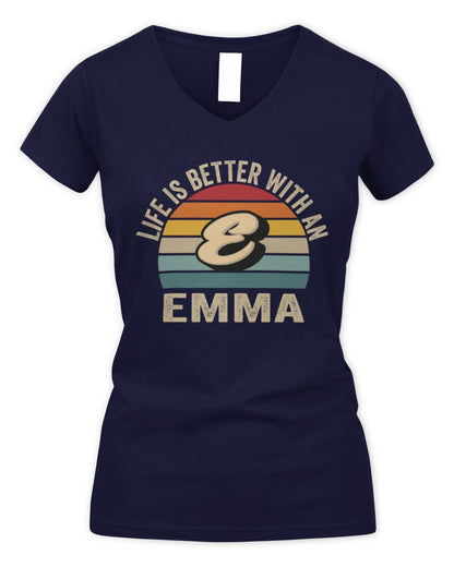 Life Is Better with Name Vintage Sun Shirt EMMA M1-50 / Women's V-Neck T-Shirt / navy