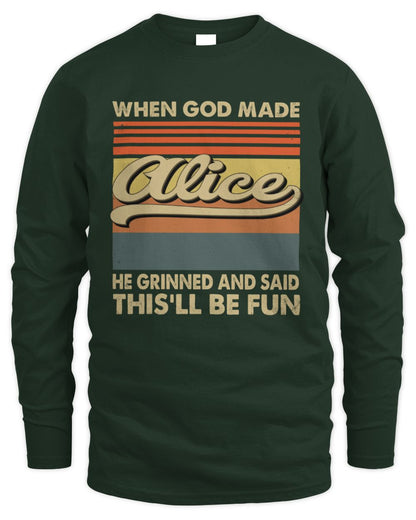 When God Made Your Name He Grinned Vintage T-Shirt ALICE M1-55 / Men's Long Sleeved T-Shirt / forest green