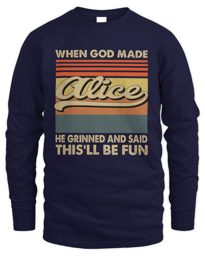 When God Made Your Name He Grinned Vintage T-Shirt ALICE M1-55 / Men's Long Sleeved T-Shirt / navy
